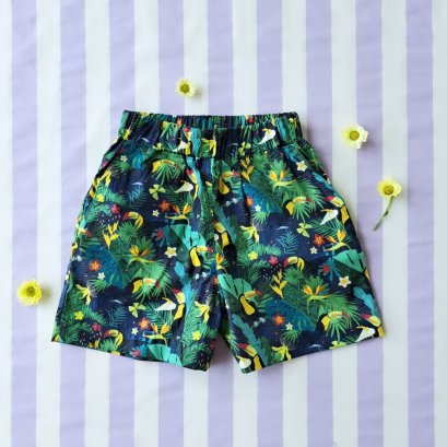 เด็กชาย-หญิง กางเกงเอวยางยืด มีกระเป๋าล้วงข้าง 100% ผ้าคอตตอนพิมพ์ลายนกทูแคนสีน้ำเงินเข้ม