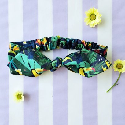 KIDS & ADULTS  HEADBAND ELASTIC BACK 100% PRINTED COTTON TUCAN DARK BLUE