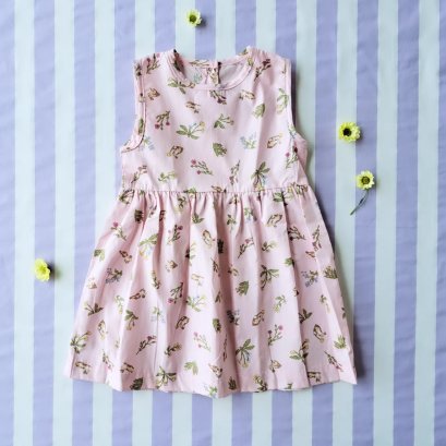 ชุดกระโปรงกระดุมหลัง 100% คอตตอนพิมพ์ลายกระต่ายสีชมพู