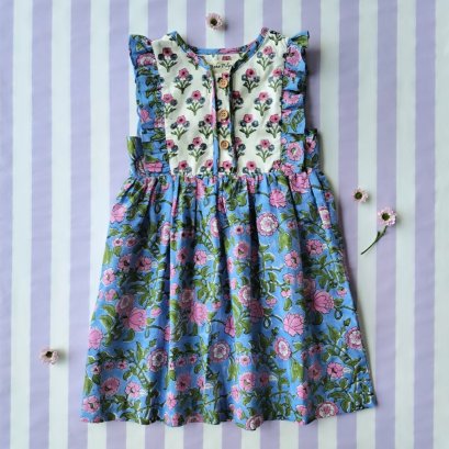 BUTTONS BACK TO FRONT CRAFTED BOHO DRESS 100% COTTON INDIA HAND BLOCK PRINTED