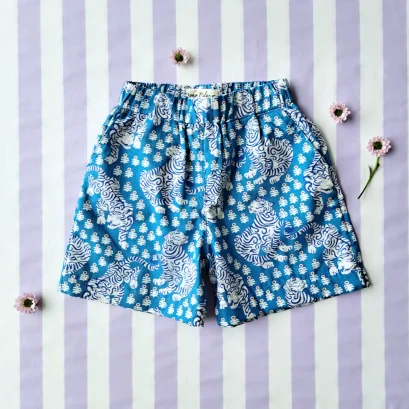 เด็กชาย-หญิง กางเกงเอวยางยืด มีกระเป๋าล้วงข้าง 100% คอตตอน ผ้าพิมพ์มืออินเดีย ลายเสือเบงกอล สีน้ำเงินอมเขียว