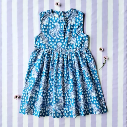 ชุดกระโปรงกระดุมหลัง 100% คอตตอน ผ้าพิมพ์มืออินเดีย ลายเสือเบงกอล สีน้ำเงินอมเขียว