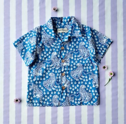 เด็กชาย-หญิง เสื้อเชิ๊ต 100% คอตตอน ผ้าพิมพ์มืออินเดีย ลายเสือเบงกอล สีน้ำเงินอมเขียว