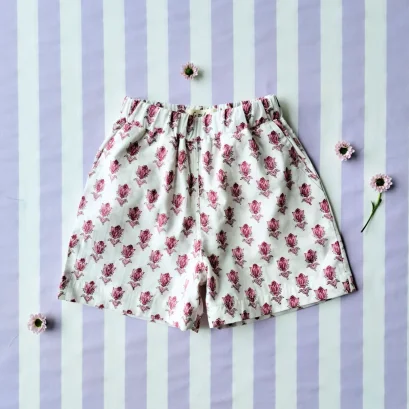 BOYS &;GIRLS ELASTIC WAISTBAND CRAFTED BOHO SHORTS WITH DOUBLE FABRICS NOT TOO LIGHT / 100% COTTON INDIA HAND BLOCK PRINTED