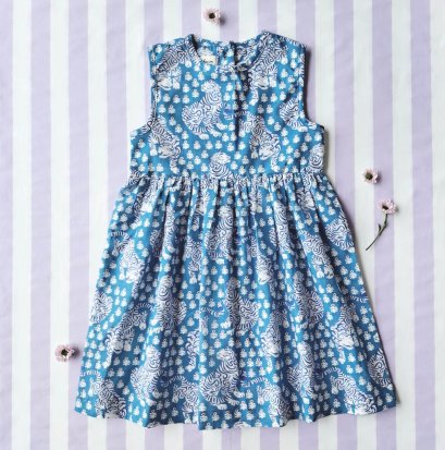 ชุดกระโปรงกระดุมหลัง 100% คอตตอน ผ้าพิมพ์มืออินเดีย ลายเสือเบงกอล สีน้ำเงินอมเขียว