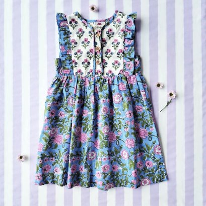 ชุดกระโปรงใส่ได้ทั้งกระดุมหน้า หรือ หลัง 100 % คอตตอน ผ้าพิมพ์มืออินเดีย