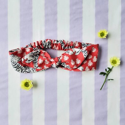 KIDS &amp; ADULTS  HEADBAND ELASTIC BACK 100% COTTON INDIAN HAND BLOCK PRINTED BENGAL TIGER RED
