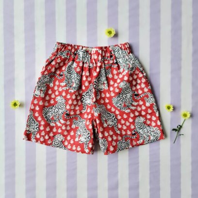 BOYS &amp; GIRLS ELASTIC WAISTBAND SHORTS / 100% COTTON INDIAN HAND BLOCK PRINTED BENGAL / RED
