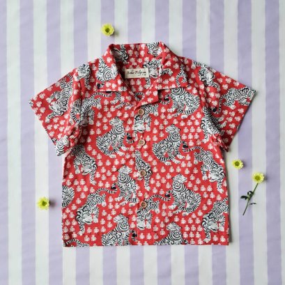 BOYS &amp; GIRLS SHIRT/ 100% COTTON INDIAN HAND BLOCK PRINTED BENGAL TIGER / RED
