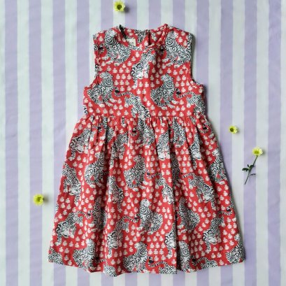BUTTONS BACK DRESS  100% COTTON INDIAN HAND BLOCK PRINTED BENGAL TIGER / RED