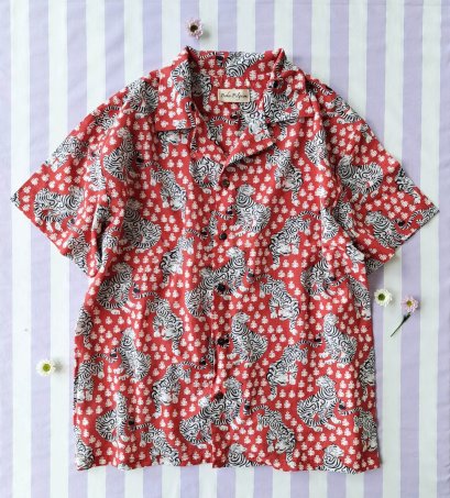 ADULTS WOMEN & MEN 100% COTTON INDIAN HAND BLOCK PRINTED BENGAL TIGER / RED *予約注文商品の発送予定日：6月15日～20日 PRE-ORDER ITEMS SHIPMENT 15-20 JUNE