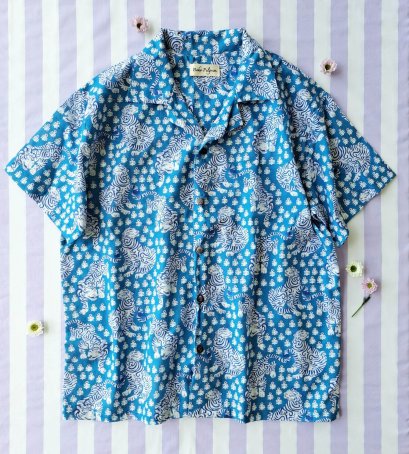 ADULTS WOMEN & MEN 100% COTTON INDIAN HAND BLOCK PRINTED BENGAL TIGER / TEAL BLUE*予約注文商品の発送予定日：6月15日～20日 PRE-ORDER ITEMS SHIPMENT 15-20 JUNE
