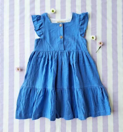 BUTTONS FRONT FLUTTER SLEEVES DRESS 100% COTTON SUPER SOFT BLUE