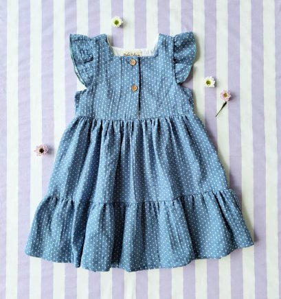 BUTTONS FRONT FLUTTER SLEEVES DRESS 100% COTTON SUPER SOFT BLUE DOT