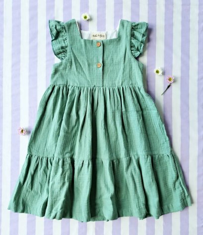 BUTTONS FRONT FLUTTER SLEEVES DRESS 100% COTTON MINT GREEN