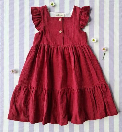 BUTTONS FRONT FLUTTER SLEEVES DRESS 100% COTTON SOFT MAROON