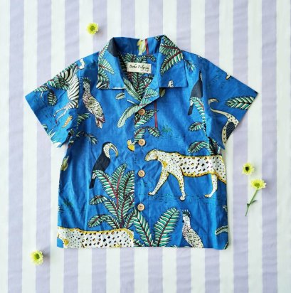 เด็กชาย-หญิง เสื้อเชิ๊ต 100% คอตตอน ผ้าพิมพ์มืออินเดีย ลายซาฟารีสีน้ำเงินอมฟ้า