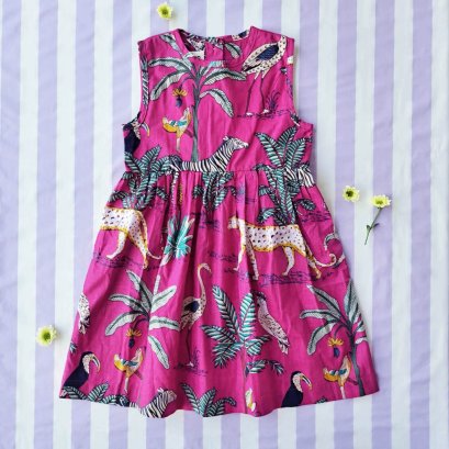BUTTONS BACK DRESS  100% COTTON INDIAN HAND BLOCK PRINTED SAFARI FUCHSIA 在庫商品 -IN STOCK ITEMS