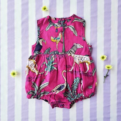 BUTTONS BACK  ROMPER 100% COTTON INDIAN HAND BLOCK PRINTED SAFARI FUCHSIA 在庫商品 -IN STOCK ITEMS