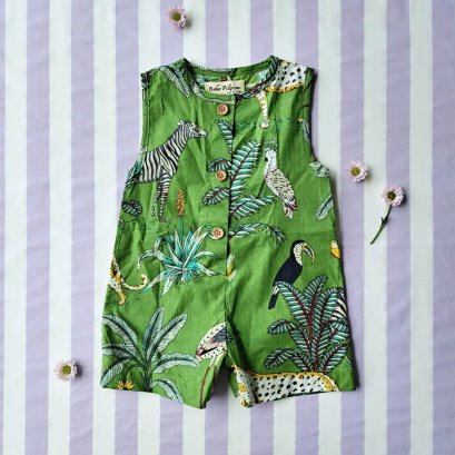 BOYS &amp; GIRLS ROMPER 100% COTTON INDIAN HAND BLOCK PRINTED SAFARI GREEN *予約注文商品の発送予定日：6月30日 PRE-ORDER ITEMS SHIPMENT 30th JUNE