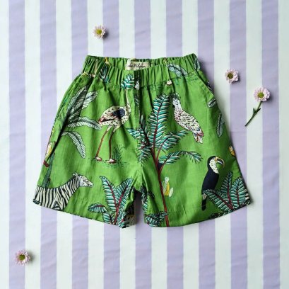 BOYS &amp; GIRLS ELASTIC WAISTBAND SHORTS / 100% COTTON INDIAN HAND BLOCK PRINTED GREEN *予約注文商品の発送予定日：6月30日 PRE-ORDER ITEMS SHIPMENT 30th JUNE