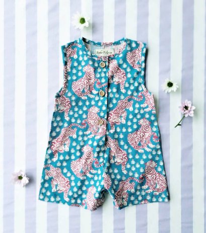 BOYS &amp; GIRLS ROMPER 100% COTTON INDIAN HAND SCREEN PRINTED PRINTED BENGAL TIGER