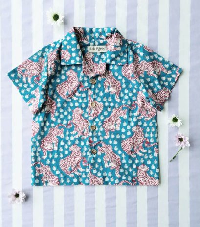 เด็กชาย-หญิง เสื้อเชิ๊ต 100 % คอตตอน ผ้าพิมพ์มืออินเดีย ลายเสือเบงกอล