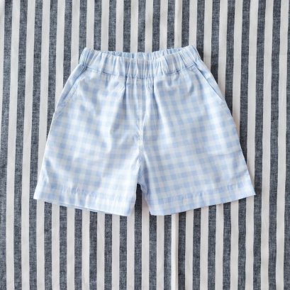 BOYS & GIRLS LIGHT BLUE GINGHAM ELASTIC WAISTBAND SHORTS  / 100% PRINTED COTTON *PREORDER SHIP OUT 2 MARCH