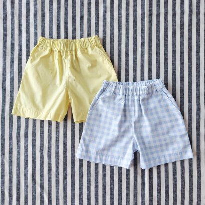 2 PACK BOYS & GIRLS ELASTIC WAISTBAND SHORTS  / 100% COTTON YELLOW+GINGHAM