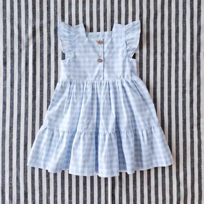 BUTTONS FRONT FLUTTER SLEEVE LIGHT BLUE GINGHAM DRESS 100% PRINTED COTTON *PREORDER SHIP OUT 23 FEB