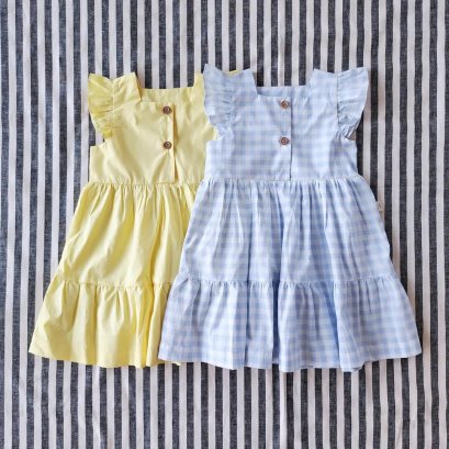 2 PACK BUTTONS FRONT FLUTTER SLEEVES DRESS 100% COTTON YELLOW + GINGHAM