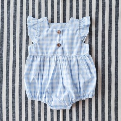 FLUTTER SLEEVE LIGHT BLUE GINGHAM ROMPER 100% PRINTED COTTON *PREORDER SHIP OUT 23 FEB