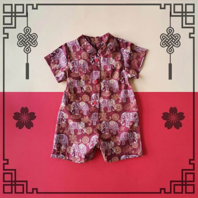 BOYS&GIRLS MANDARIN COLLAR ROMPER 100%PRINTED COTTON CRIMSON RED THAI ELEPHANT