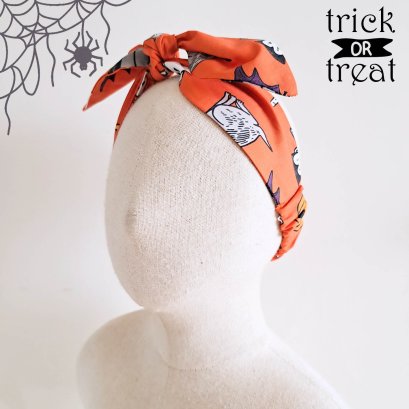 KIDS & ADULTS HEADBAND ELASTIC ROUND  HALLOWEEN DRACULA ORANGE 100% PRINTED COTTON