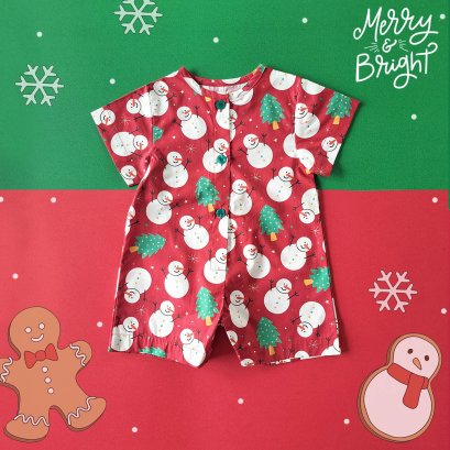 ชุดรอมเปอร์เปิดเป้าเปลี่ยนผ้าออ้อมได้ กระดุมหน้า 100% คอตตอนพิมพ์ลายสโนว์แมนสีแดง