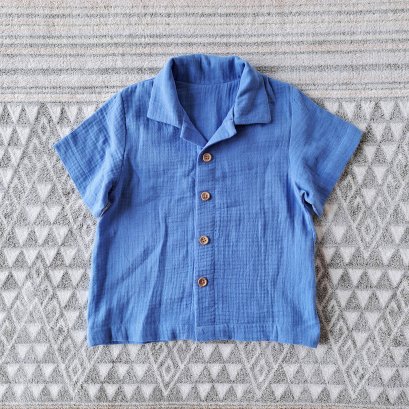 เด็กชาย-หญิง เสื้อเชิ๊ต 100% ผ้าคอตตอนสาลูย่นเนื้อนิ่มสีฟ้า