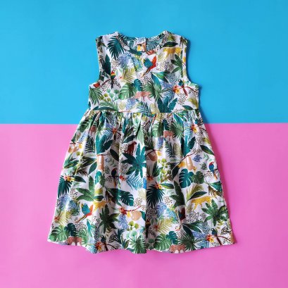 BUTTONS BACK DRESS WHITE JUNGLE 100% PRINTED COTTON