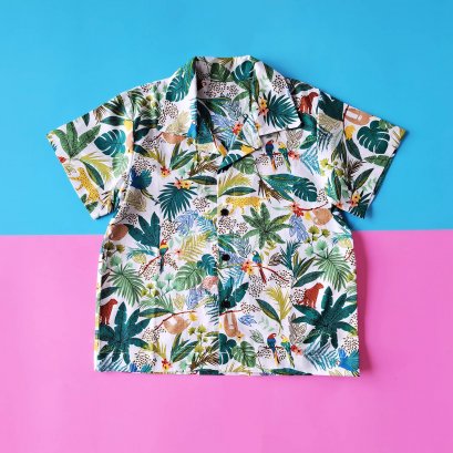 เด็กชาย-หญิง เสื้อเชิ๊ต 100% ผ้าคอตตอนพิมพ์ลายป่าสีขาว