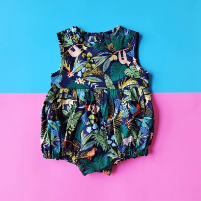 BUTTONS BACK DARK BLUE JUNGLE ROMPER 100% PRINTED COTTON