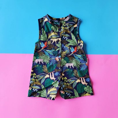BOYS &amp; GIRLS ROMPER DARK BLUE JUNGLE 100% PRINTED COTTON