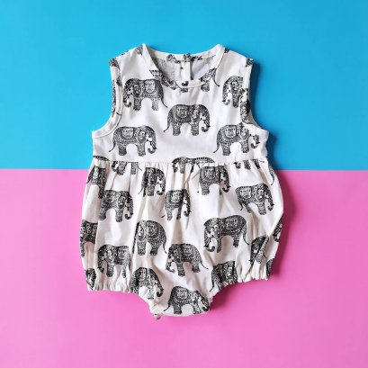 BUTTONS BACK THAI ELEPHANTS WHITE ROMPER 100% WHITE COTTON BLACK PRINTED