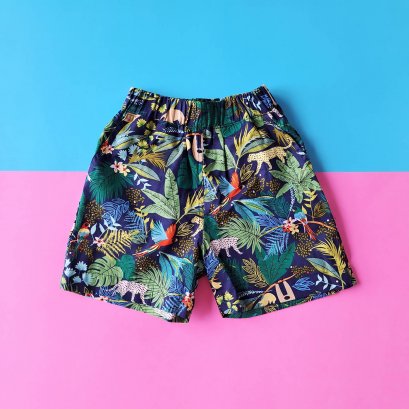 เด็กชาย-หญิง กางเกงเอวยางยืด มีกระเป๋าล้วงข้าง 100%คอตตอนพิมพ์ลายป่าสีน้ำเงินเข้ม