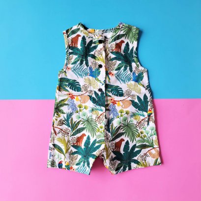 BOYS &amp; GIRLS ROMPER WHITE JUNGLE 100% PRINTED COTTON