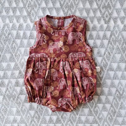 BUTTONS BACK THAI ELEPHANTS CRIMSON RED ROMPER 100% PRINTED COTTON