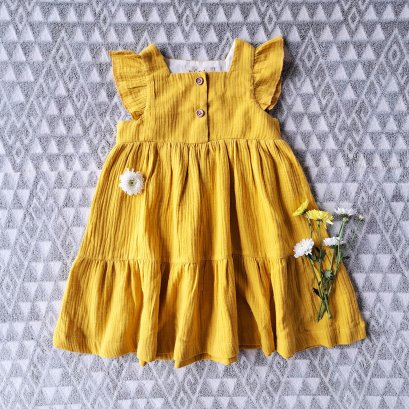 FLUTTER SLEEVES HONEY YELLOW DRESS  100 % COTTON CRINKLED