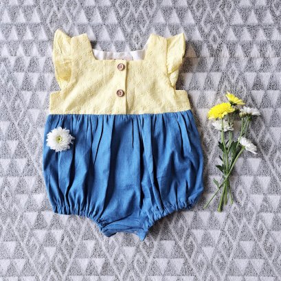 FLUTTER SLEEVES TWO TONE YELLOW LACE AND DENIM ROMPER 100 % COTTON
