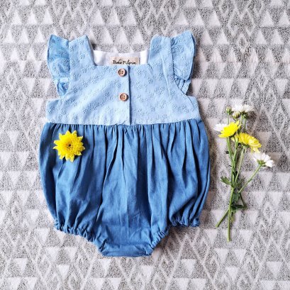 FLUTTER SLEEVES TWO TONE BLUE LACE AND DENIM ROMPER 100 % COTTON