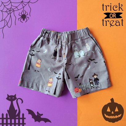 BOYS &amp; GIRLS ELASTIC WAISTBAND SPOOKY DARK GREY SHORTS / 100% PRINTED COTTON