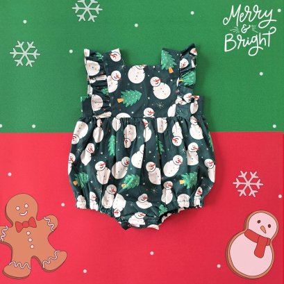 BACK TO FRONT GREEN SNOWMAN FLUTTER SLEEVE ROMPER 100% PRINTED COTTON