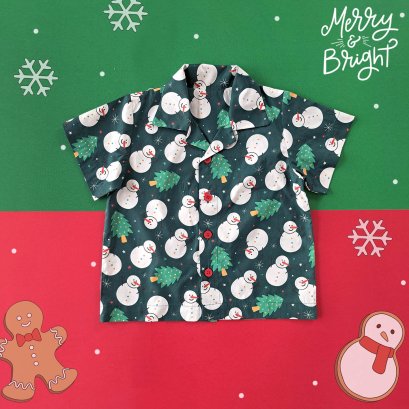 BOYS & GIRLS XMAS GREEN SNOWMAN SHIRTS  / 100% PRINTED COTTON